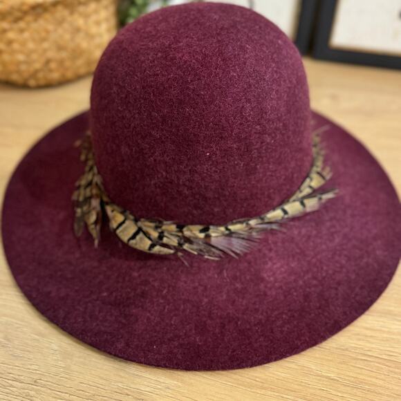 HINGE Nordstrom Feather Trimmed Floppy Wool Hat One Size Burgundy Tan Adjustable - Picture 5 of 8